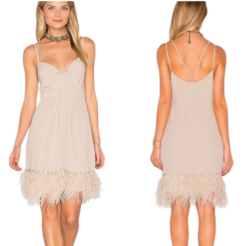 NEW Saylor x Revolve Mallory Beige Feather Rhinestone Mini Dress in Nude - S